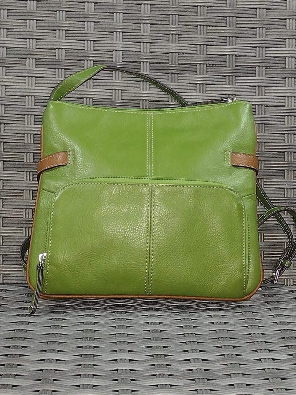 Tignanello Green Leather Crossbody with Brown Trim